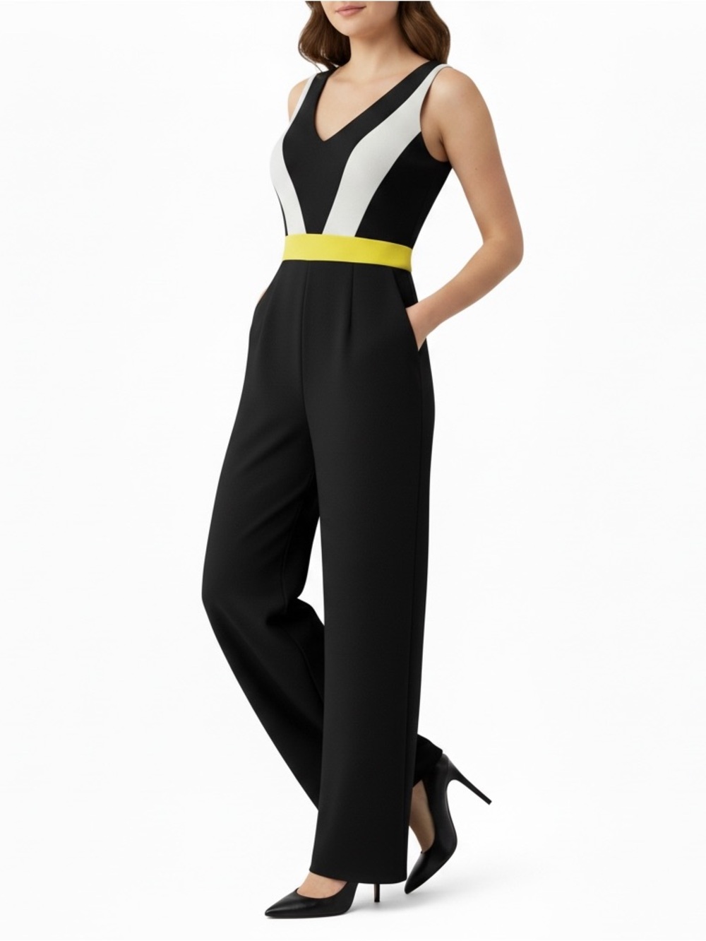Vince Camuto Color Block Jumpsuit | Black with White V-Panel and Yellow Waist